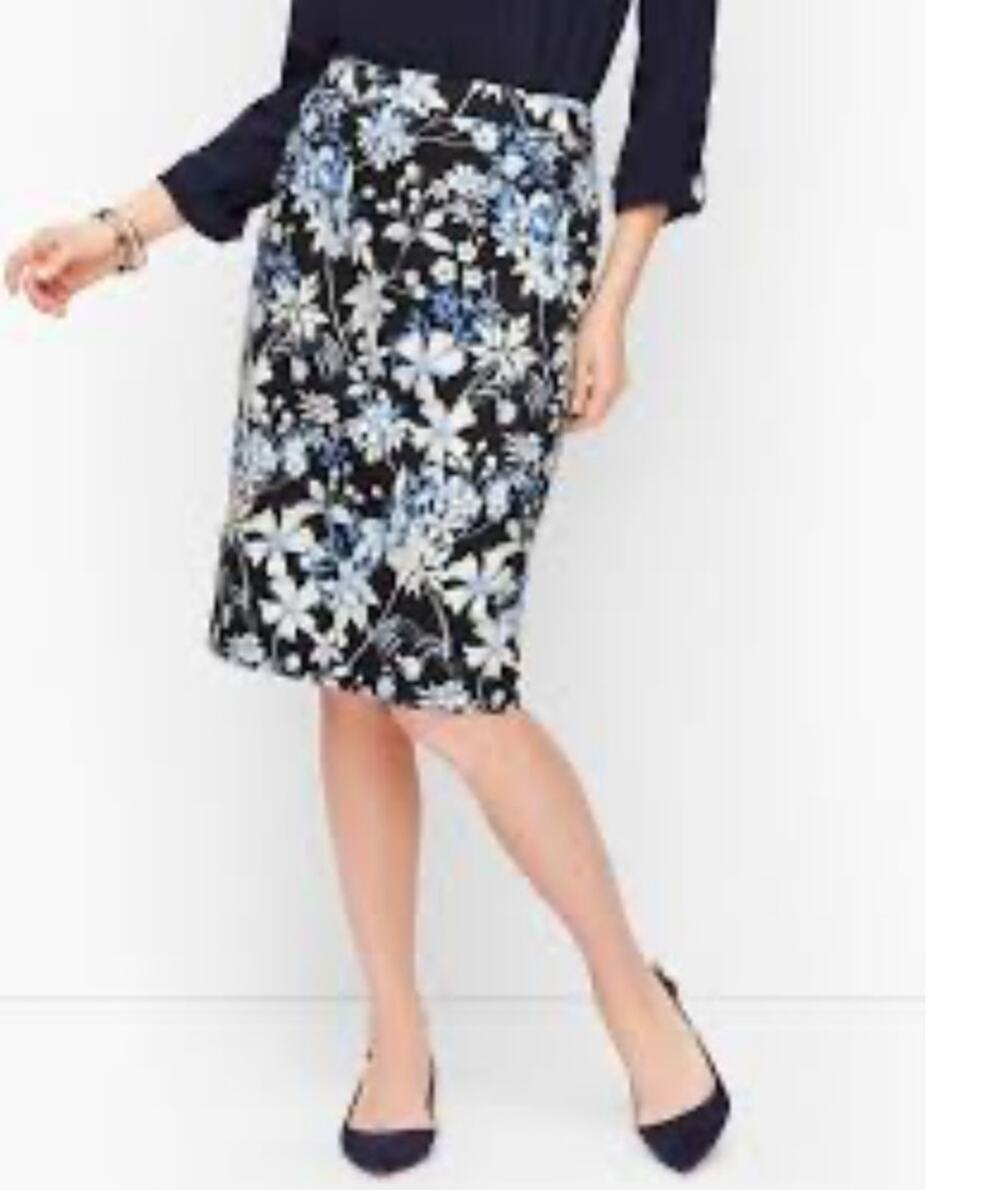 Talbots Petite 12P Floral Pencil Skirt Black Blue Cotton Sateen Knee Length